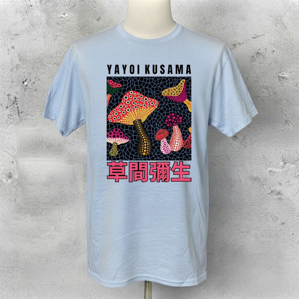Yayoi Kusama Colorful Polka Dot Mushrooms Japanese Art Light Blue T-Shirt